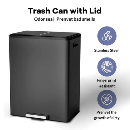 JoanKaren 16 Gallon Stainless Steel Dual Compartment Step Kitchen Trash Can with Lid & 2 Removable Wastebaskets,Kitchen Garbage Can & Recycling Bin,Black