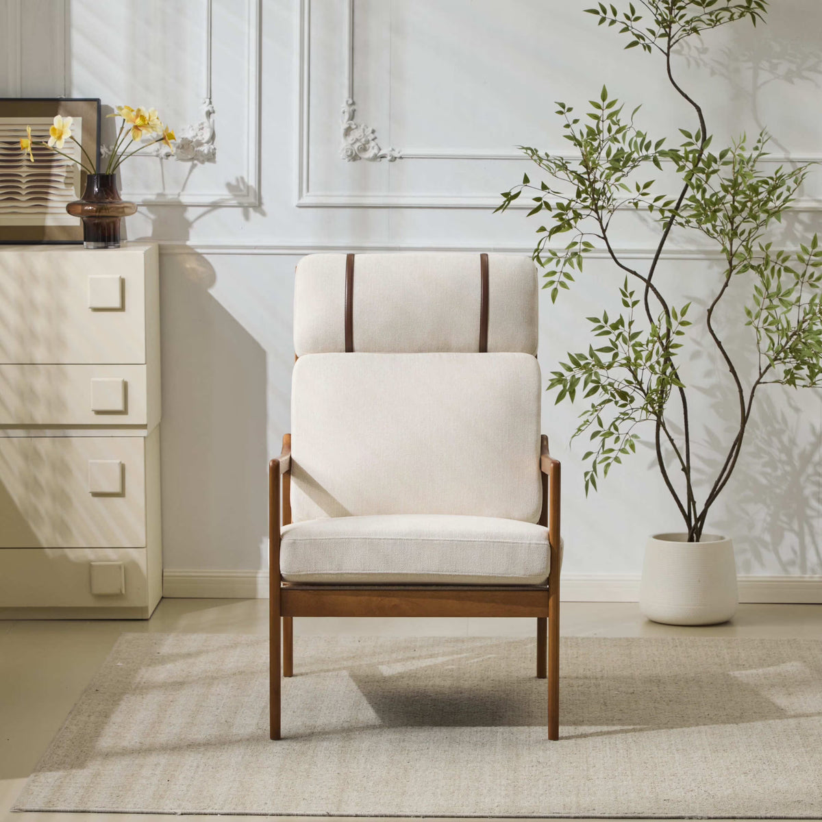 Christopher Knight Home Mid-Century Modern Accent Chair, Solid Wood Frame with High Back, Beige Cushions