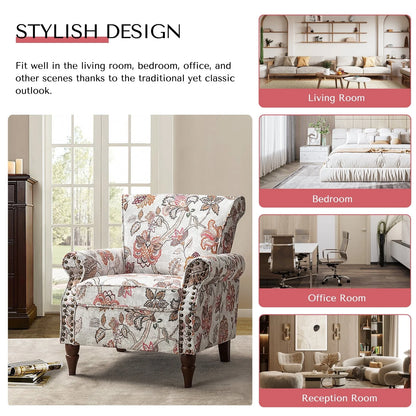 14 Karat Home Wingback Accent Chair Removable Cushion Floral Upholstered Sofa Armchair Couch Wood Legs Nailhead Trim Pink