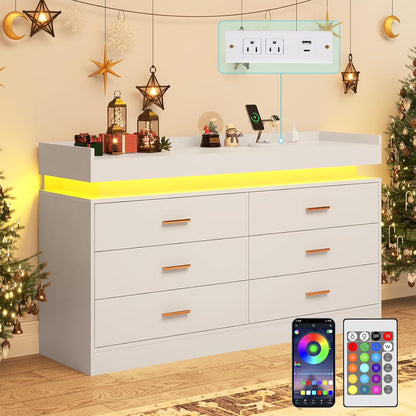 ANPOO 9 Drawer Dresser with LED Lights and Charging Station, Modern Double Wide Chest of Drawers with Power Outlet for Bedroom, Living Room