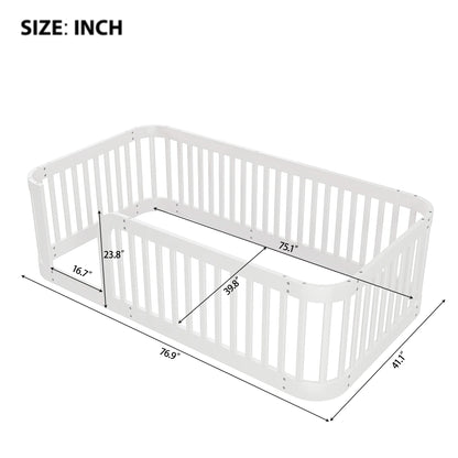 Euroco Twin Size Floor Bed with Fence for Kids Teens and Toddlers, White
