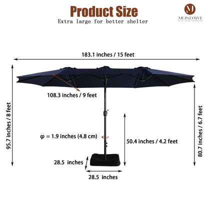 Mondawe 15ft Patio Umbrella Rectangular Outdoor Market Umbrella with Base and LED Lights Beige