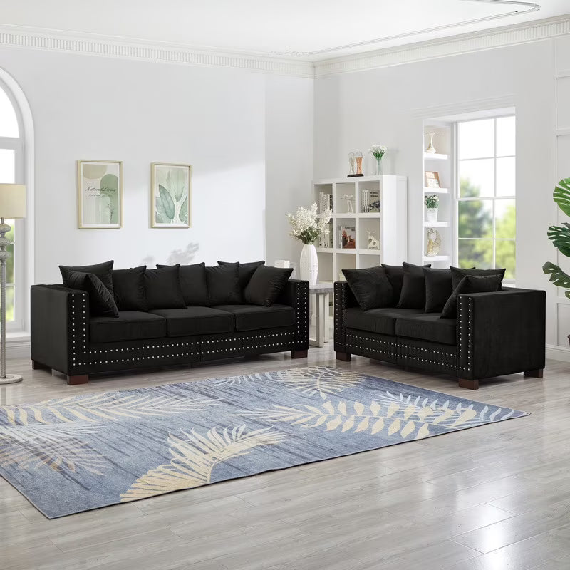 Modern Velvet Sofa Set 2+3 Seater Sofa Loveseat Couch with Silver Nail Trim, Square Armrests and Hidden Storage, Luxury Living Room Couch with Pocket Spring Cushions