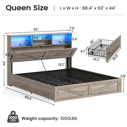Twin Bed Frame with 4 Storage Drawers and Charging Station, Farmhouse Wooden Led Twin Bed with Storage Hidden Space Headboard and Metal Slats, Gray