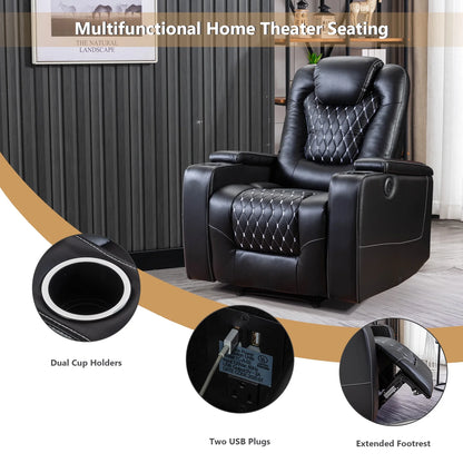 Bonzy Home Overstuffed Electric Home Theater Seating PU Leather Reclining Furniture with with USB Ports and Cup Holders and Hidden Arm Storage - Black