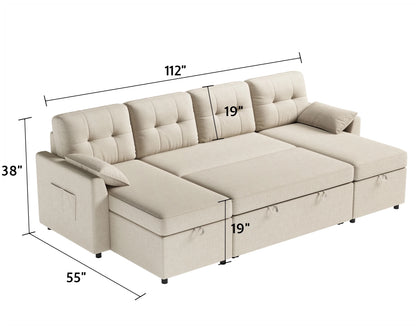 VANACC Sectional Sofa Bed with Storage and Soft Seat ,Reversible Pull Out Couch for Living Room,Beige