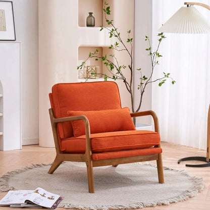 Accent Chairs, Single Linen Lounge Reading Armchair with Solid Wood Frame, Mid Century Modern Easy Assembly Arm Chairs for Living Room-Beige