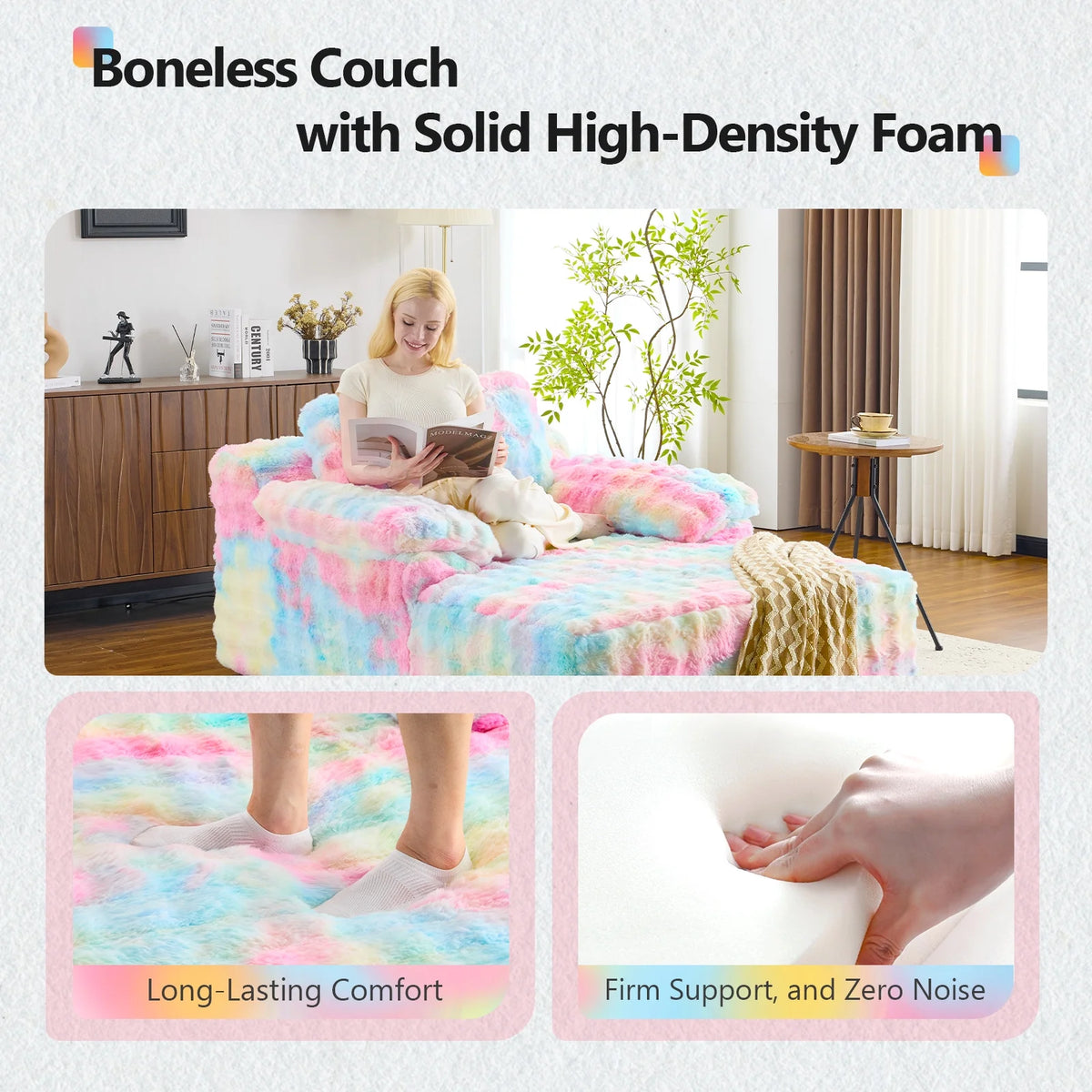 Ktaxon 68" Lounge Chair, Bubble Fleece Fabric Sofa Bed, Boneless Sleeper Chaise with Removable Backrest & Pillow-Top Armrests for Living Room White