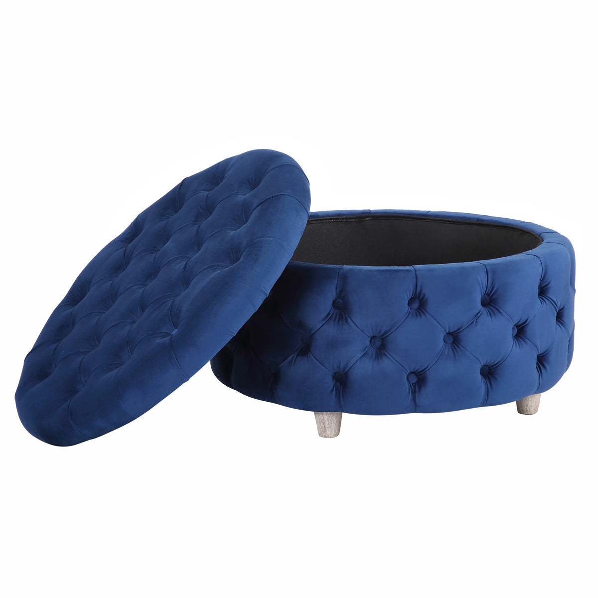 WestinTrends Wordford Round Velvet Tufted Storage Ottoman, Velvet Navy Blue