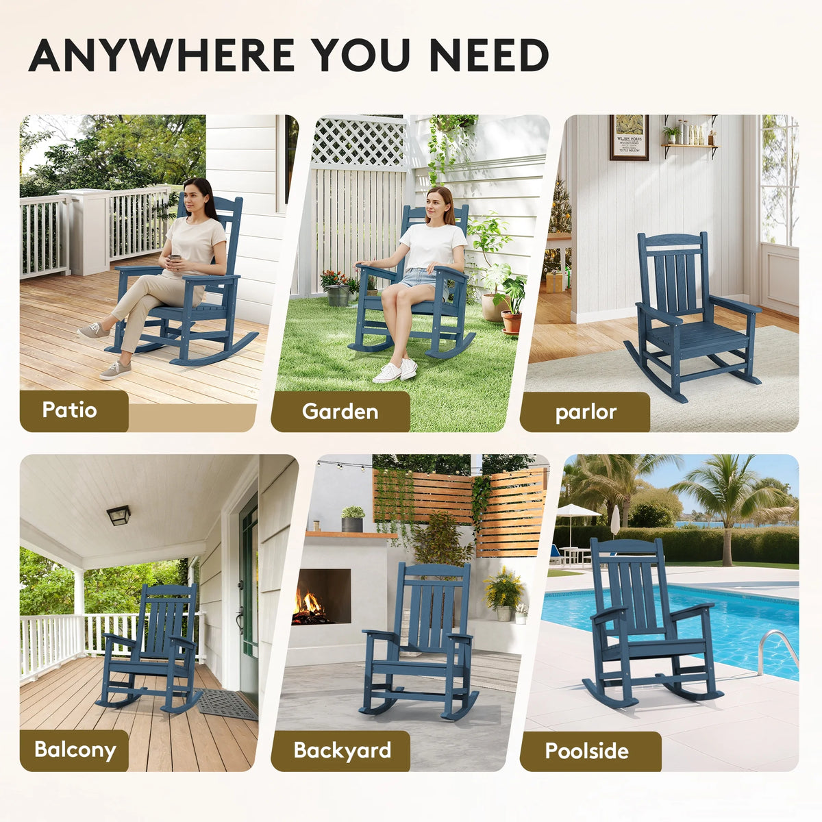 KINGYES HDPE Outdoor Rocking Chairs Set of 2,HDPE Patio Rocker for Porch,Black