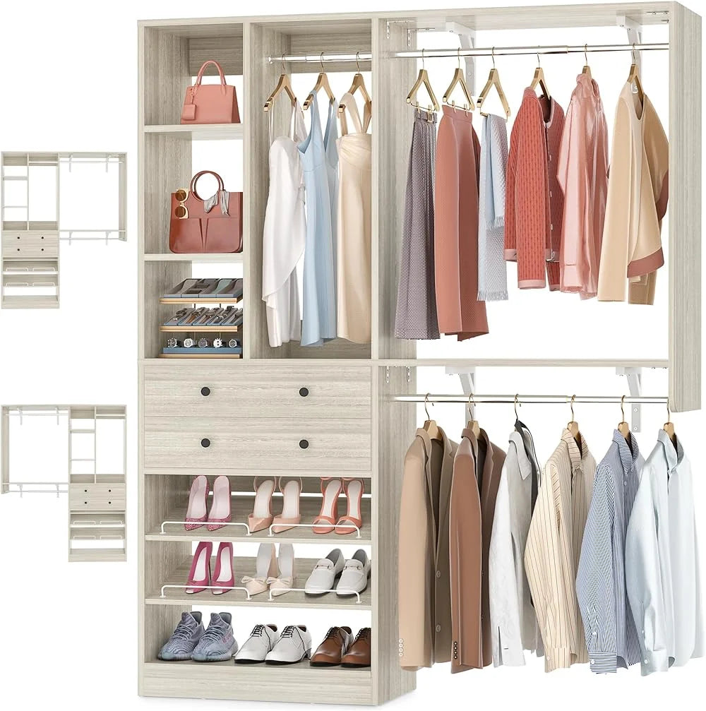 iSunirm 5FT Closet System with Drawers,5FT Closet System with Drawers, 60" Closet Organizer System with 2 Hanging Shelving Perfect Storage Solution for Organizing Your Closet