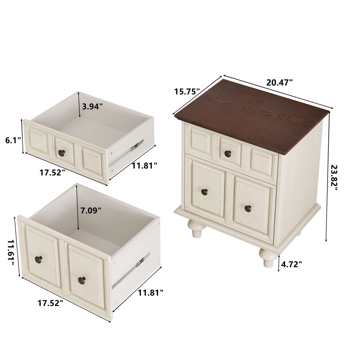 20.47"Vintage Nightstand with 2 Drawers and Roman Column Legs, Solid Wood Bedside End Table, Bedside Cabinet for Bedroom, Living Room(Set of 2)
