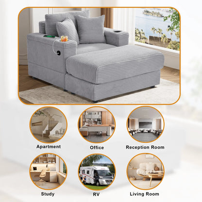 Wiilayok Oversized Lounge Chair Indoor,54" Corduroy Cloud Chaise Lounge Couch Indoor with Ottoman,Cup Holder for Living Room,Bedroom,Beige