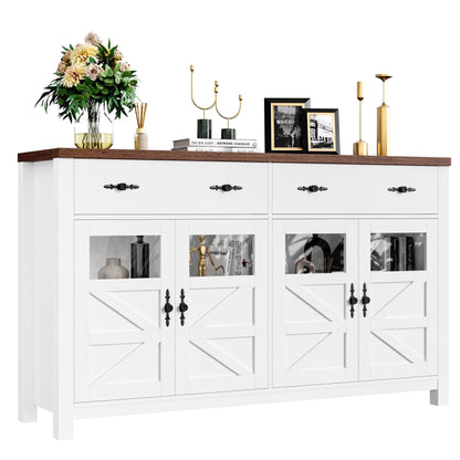 Homfa Farmhouse 55.1"WKitchen Buffet Cabinet with Storage Drawer & Adjustable Shelf, Glass Door Wood Sideboard Credenza Coffee Bar with for Dining Room Living Room, White & Black