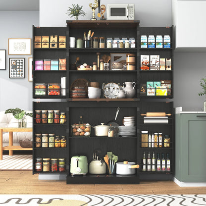 71" Tall Farmhouse Kitchen Pantry with 12 Side Shelves & Adjustable Shelves, 5 Layers Pantry Storage Cabinet w/Load-Bearing Steel Pipe & 4 Barn Doors for Kitchen, Dining Room, Living Room, Brown