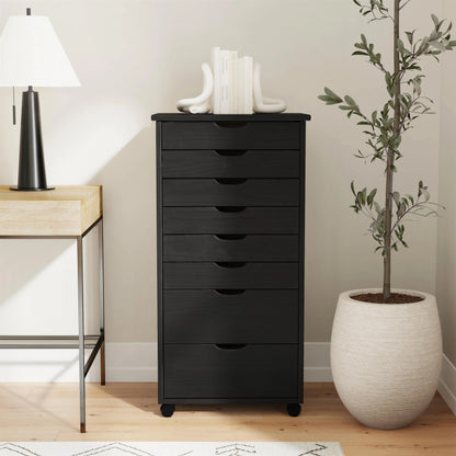 Linon Callie Eight Drawer Rolling Storage Cart in Natural Stained Wood