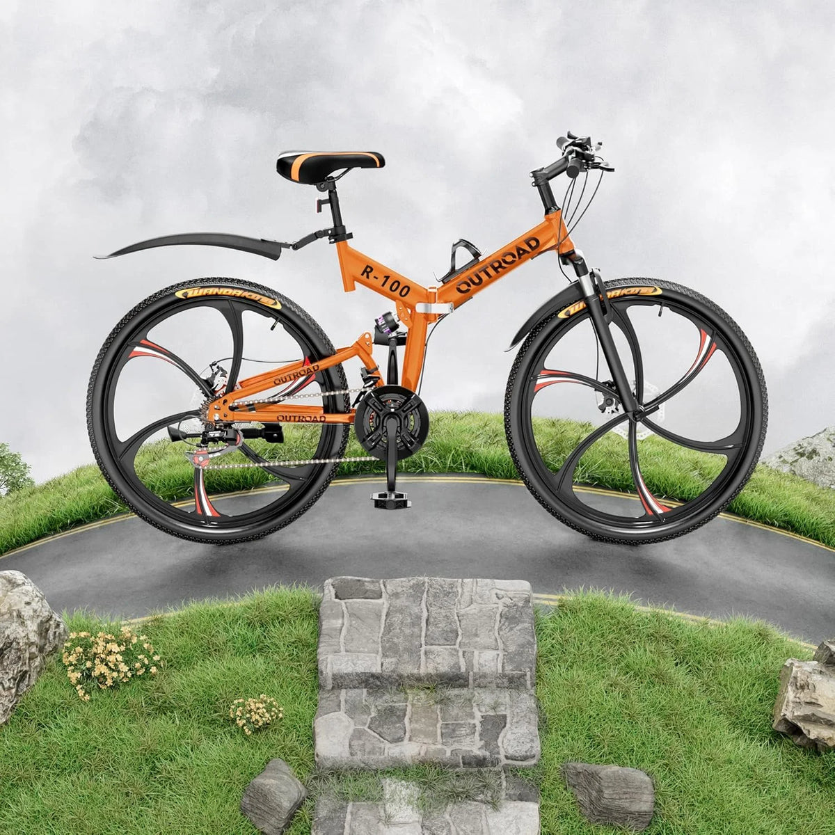 SUNCROWN 26 Inch Folding Mountain Bike, 21 Speed Full Suspension High-Carbon Steel MTB Foldable Bicycle, Dual Disc Brake Non-Slip Folding Bikes for Adults/Men/Women, Black