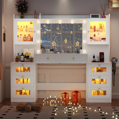 ChVans 62'' Large Vanity Desk with Tempered Glass Top, 11 LED Bulbs, Charging Station, Bedroom Makeup Vanity with 3 Lights Mode LED Mirror, 6 Translucent Drawers, 2 RGB cabinets for Women, Girls Gift