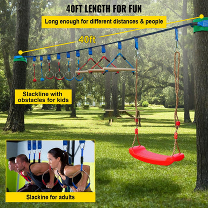 VEVOR Ninja Hanging Obstacle Course Portable 40ft. Slackline Monkey Bar Kit with 11 Swinging Obstacles.1 Climbing Rope. 4 Rings. 3 Monkey Bars - 250lb Capacity Backyard Playground Equipment Swing Set