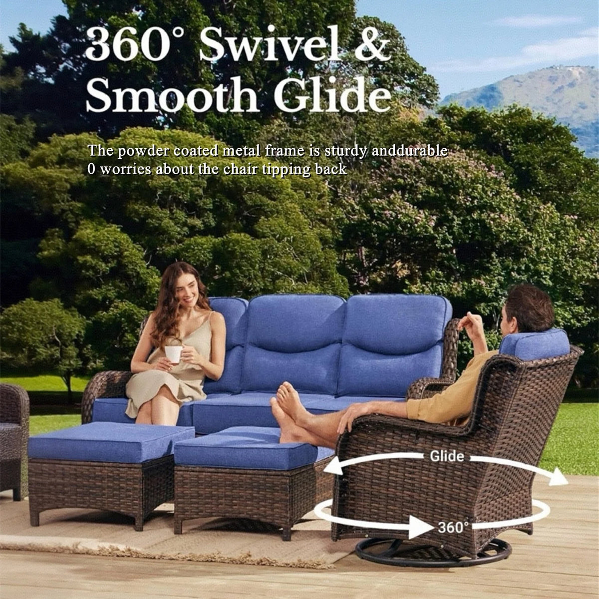 Bellefurn Luxury Outdoor Patio Furniture Set,Swivel Rocker Patio Chairs with 6-inch Thick Cushion,Patio Sofa and Glass Coffee Table,Outdoor Conversation Set for Porch, Deck, Yard