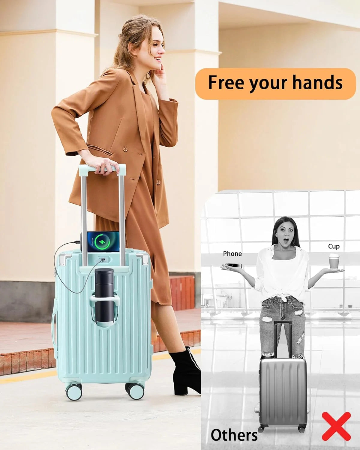 20 Inch Carry On Luggage With Cup Holder & USB Port, Airline Approved TSA-locked Luggage, Lightweight PC Material Travel Suitcase With 360�� Spinner Wheel