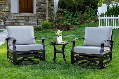 ALAULM 3 Piece Patio Outdoor Aluminum Metal Swivel Rocking Chair with 1 Coffee Table and 2 Khaki Padded Cushions Outdoor Metal Swivel Rocking Chair Furniture Conversation Set for Porch Garden