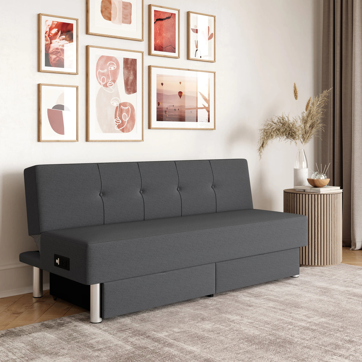 Serta Windsor Futon with Storage and Power, Gray Fabric