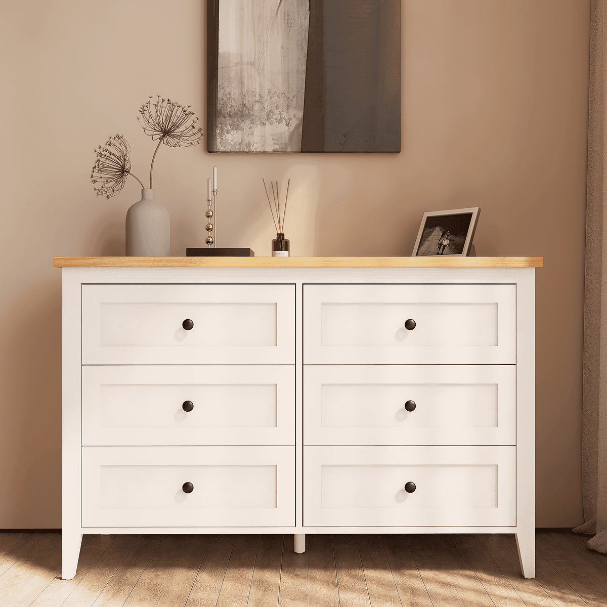 RichYa 6 Drawer Dresser for Bedroom,Chest of Drawers with Metal Knobs,Dresser for Closet,White