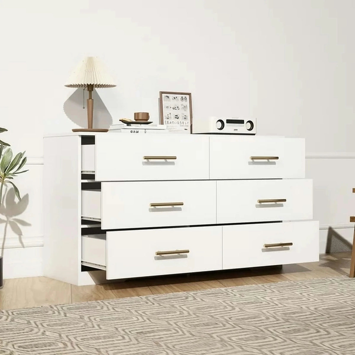 Kadyn White Chest of Drawer, 6 Double Drawer Dresser for Bedroom, Modern Storage Cabinet for Living Room, Dresser