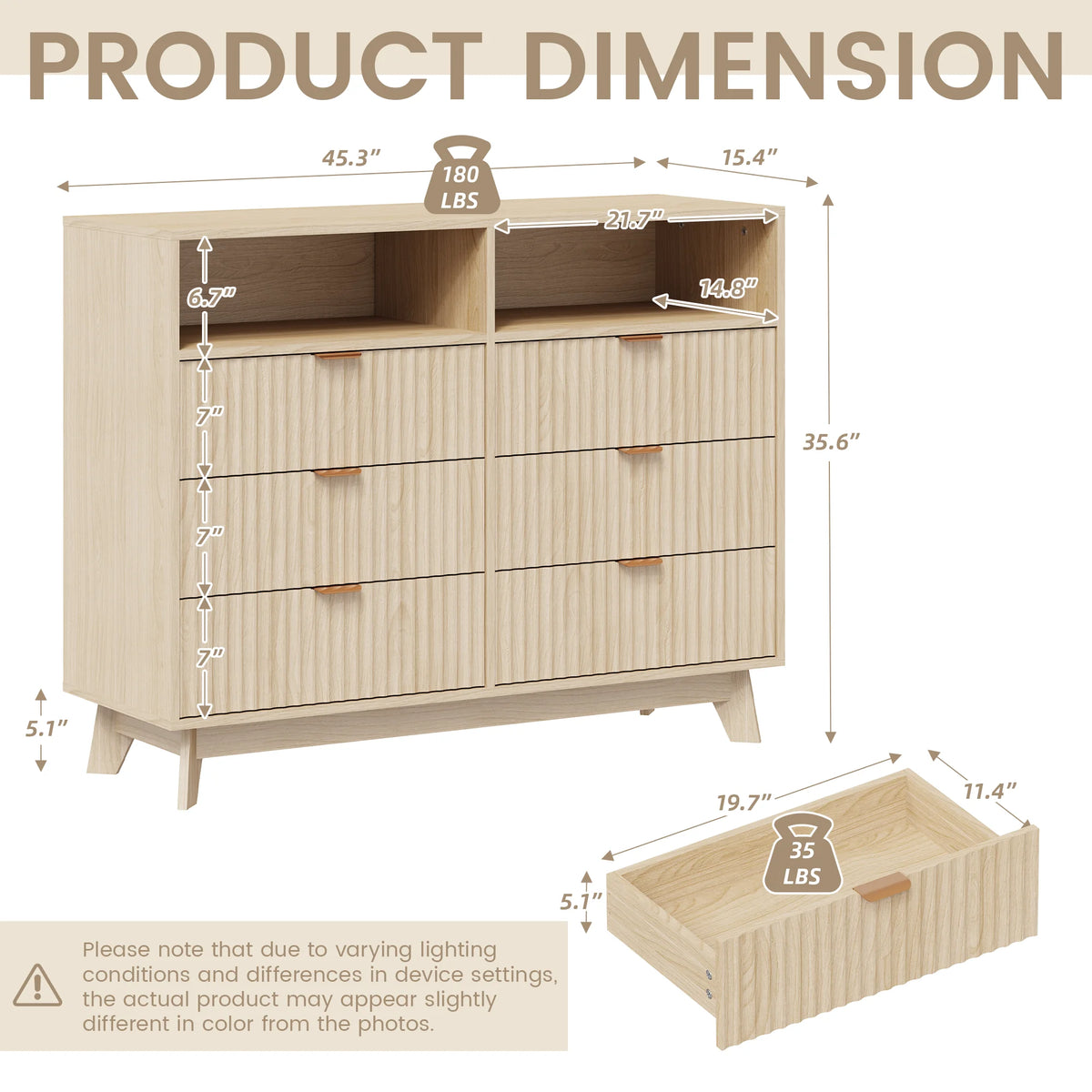 MELLCOM 6 Drawers Dressers, 45" Fluted Chest of Drawers, Wood Drawer Storage Organizer, with Metal Handle, for Bedroom, Living Room, Natural Oak