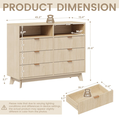 MELLCOM 6 Drawers Dressers, 45" Fluted Chest of Drawers, Wood Drawer Storage Organizer, with Metal Handle, for Bedroom, Living Room, Natural Oak
