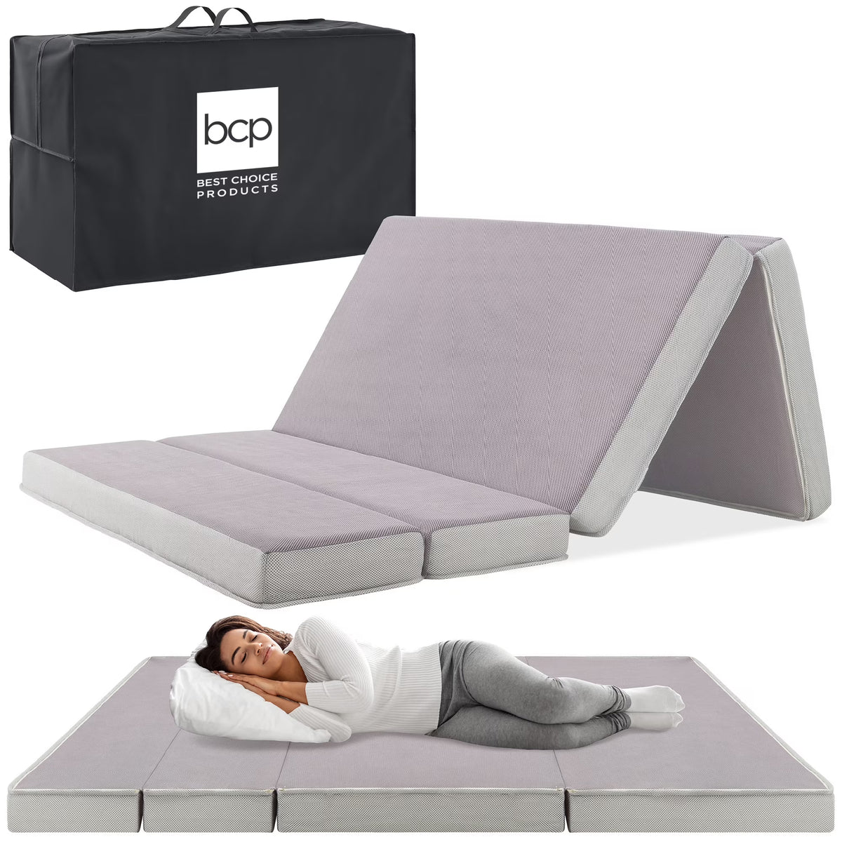Best Choice Products 4in Thick Folding Portable Twin Tri-Fold Mattress w/ Carry Case, Washable Cover - Gray