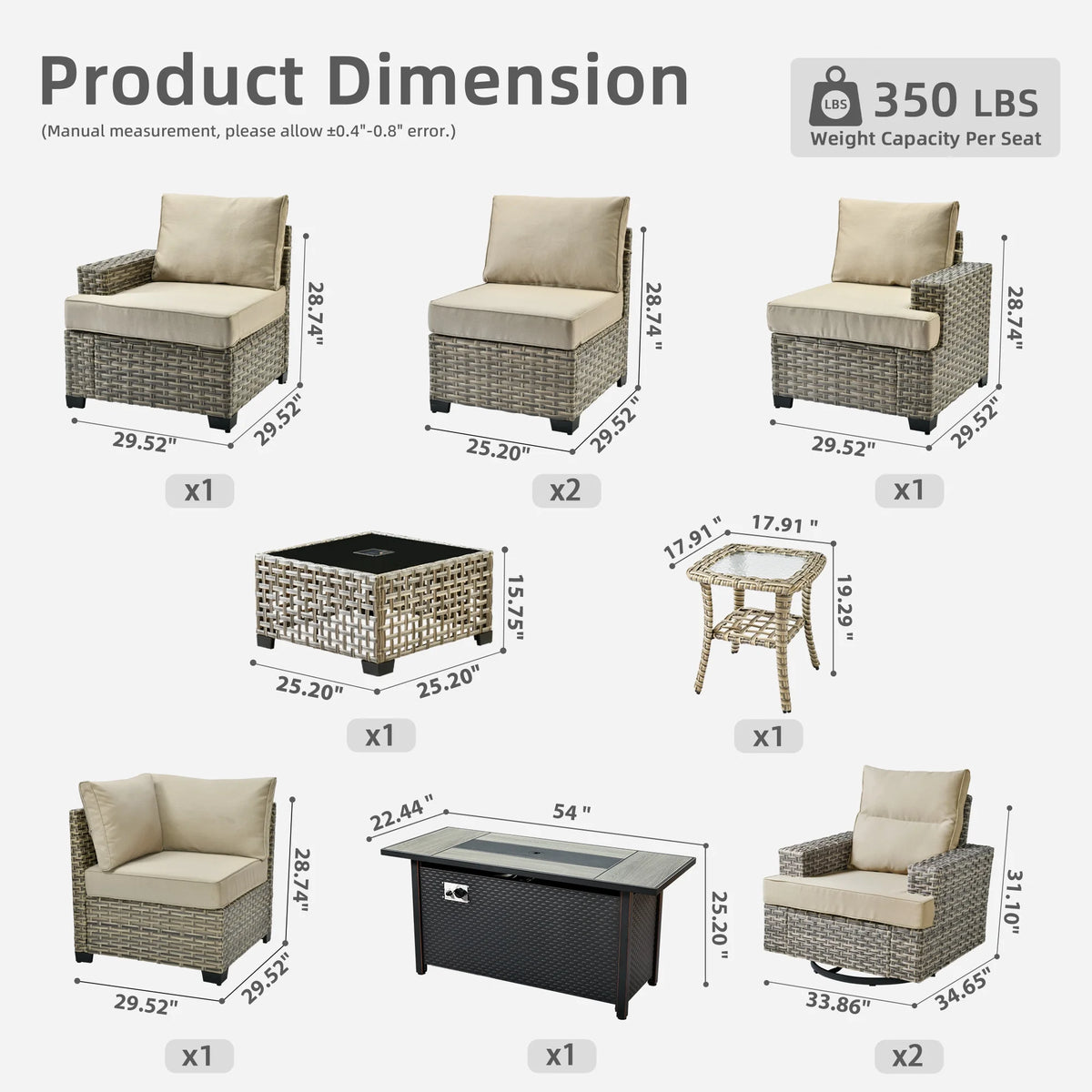Ovios 10 Pieces Outdoor Patio Furniture Modern High-Back All-Weather Wicker Sectional Conversation Set with Propane Fire Pit Table & Swivel Chair, Dark Gray