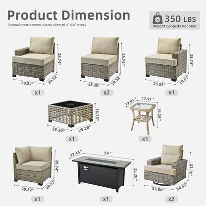 Ovios 10 Pieces Outdoor Patio Furniture Modern High-Back All-Weather Wicker Sectional Conversation Set with Propane Fire Pit Table & Swivel Chair, Dark Gray