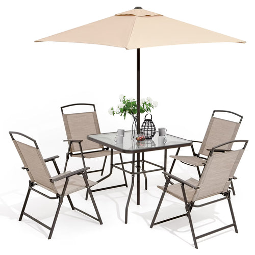 Pellebant 6 Pcs Metal & Glass Patio Dinning Set and Umbrella in Beige
