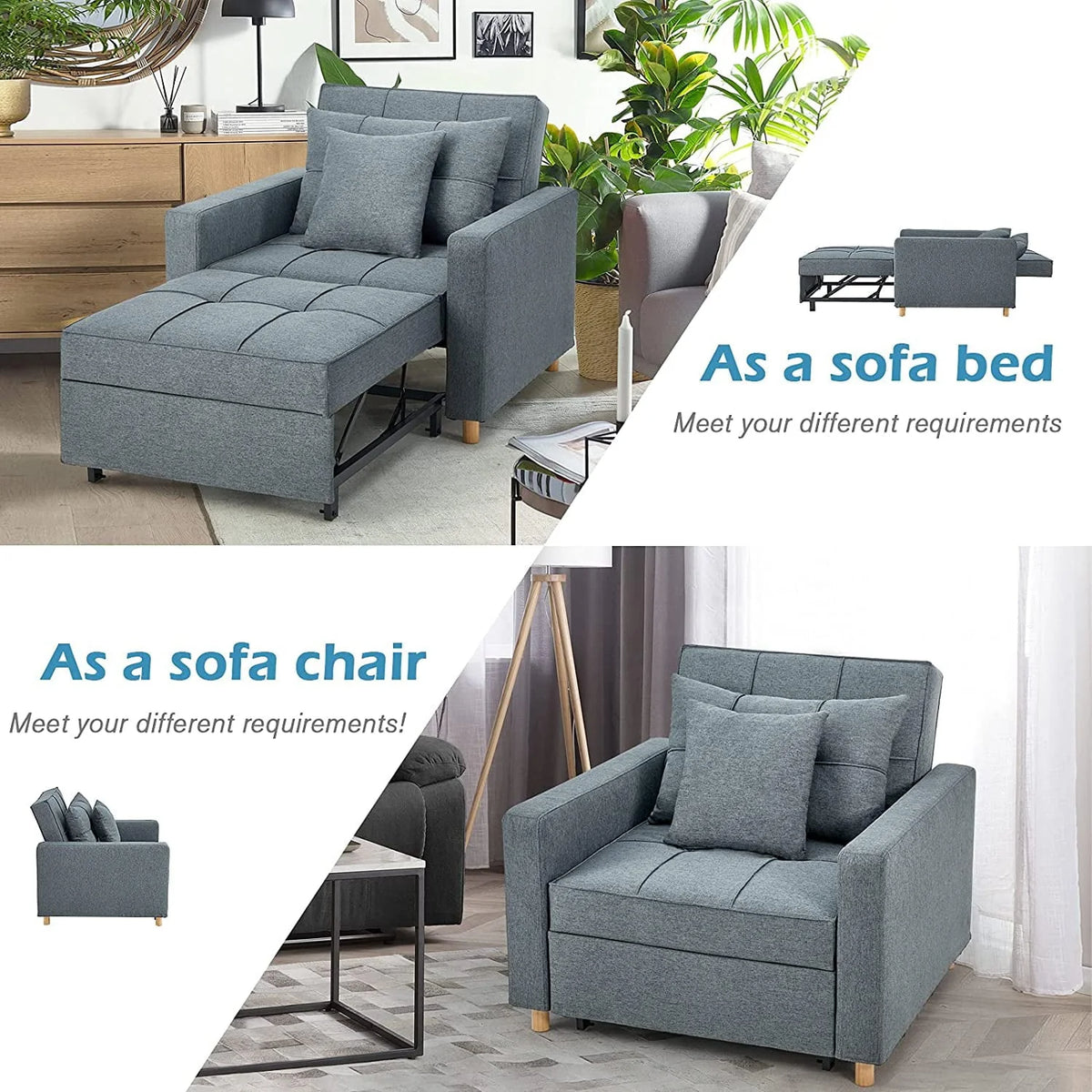 YODOLLA 3-in-1 Futon Sofa Bed Chair,Convertible Sofa Sleeper-Dark Gray