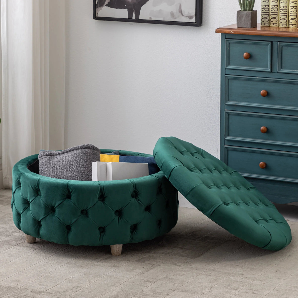 WestinTrends Wordford Round Velvet Tufted Storage Ottoman, Velvet Navy Blue