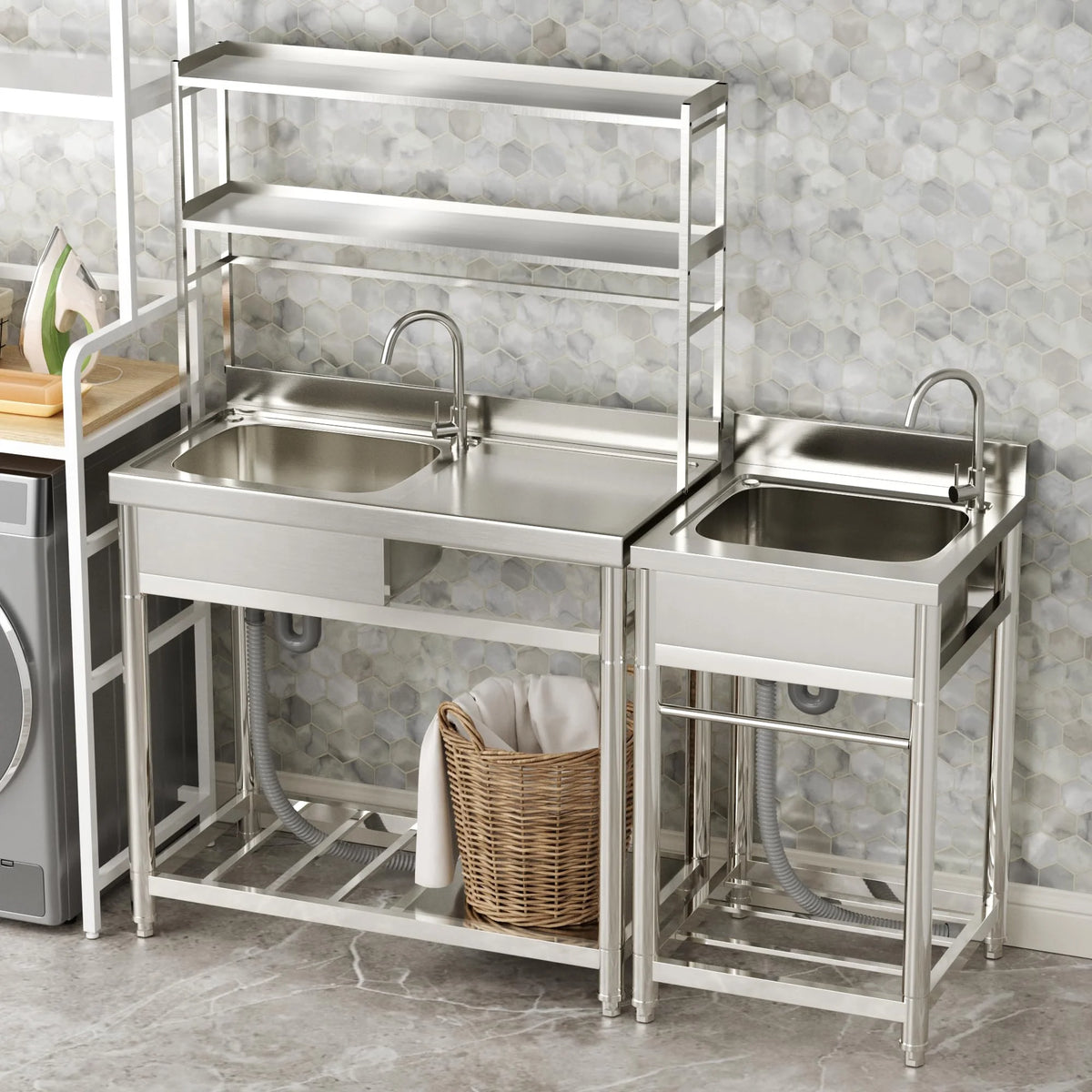 23.8'' Stainless Steel Sink Laundry Tub, Free Standing Laundry Sink with Washboard, Commercial Utility Tub with Cold & Hot Water Faucet for Garage Laundry Room Kitchen
