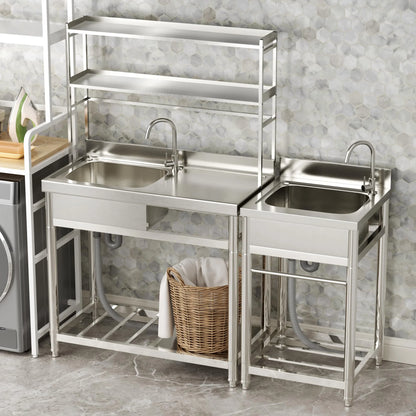 23.8'' Stainless Steel Sink Laundry Tub, Free Standing Laundry Sink with Washboard, Commercial Utility Tub with Cold & Hot Water Faucet for Garage Laundry Room Kitchen