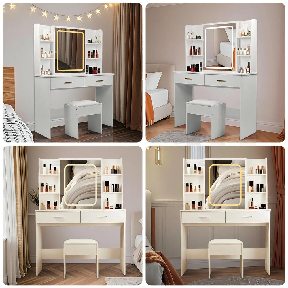 Kadyn Vanity Desk with Lighted Mirror, Vanity Table and Chair Set with 2 Drawers, Dressing Table Makeup Desk with 1 Door, Retro Gray