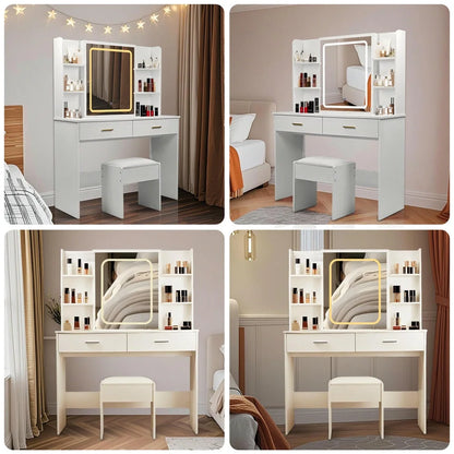 Kadyn Vanity Desk with Lighted Mirror, Vanity Table and Chair Set with 2 Drawers, Dressing Table Makeup Desk with 1 Door, Retro Gray