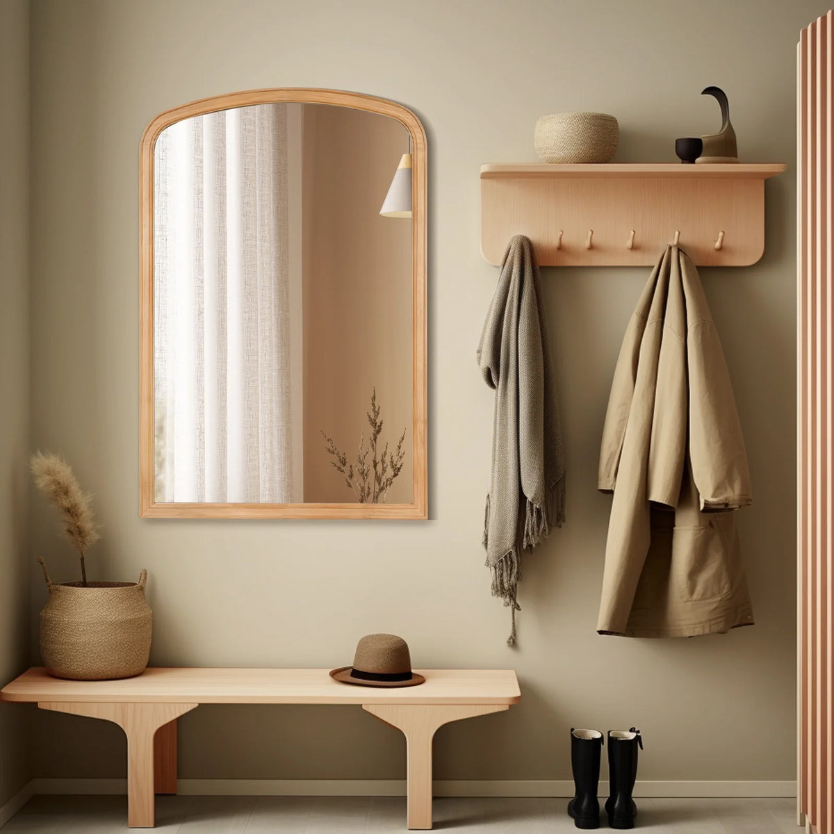 WallBeyond Wood Frame Rustic Arched Wall Mirror for Bathroom or Living Room Wall Decor, 24" �� 36", Natural Wood