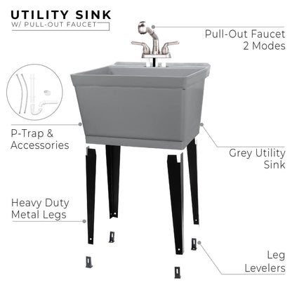 Tehila Utility Sink with Stainless Finish Pull-Out Faucet 19 Gallon - Red