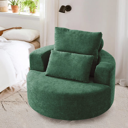 Fumahaus Upholstered Swivel Accent Chair, Oversized Comfy Round Sofa Chair with Two Pillows, Leisure Sofa Chair for Living Room Bedroom, Beige