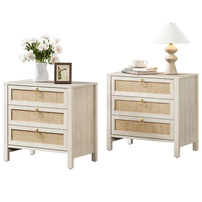 Surmoby Oak Boho 3-Drawer Nightstand Set of 2 - Extra Wide Storage Night Stand with Gold Handles Large&Tall Bed Side Table for Bedroom Living Room Enterway