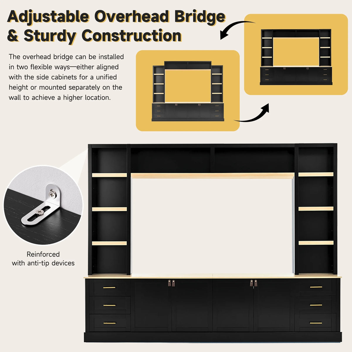 Euroco 102.3"W Farmhouse 4-Piece Entertainment Center Wall Unit with Adjustable Shelf, Modern Large TV Stand with Bookshelves