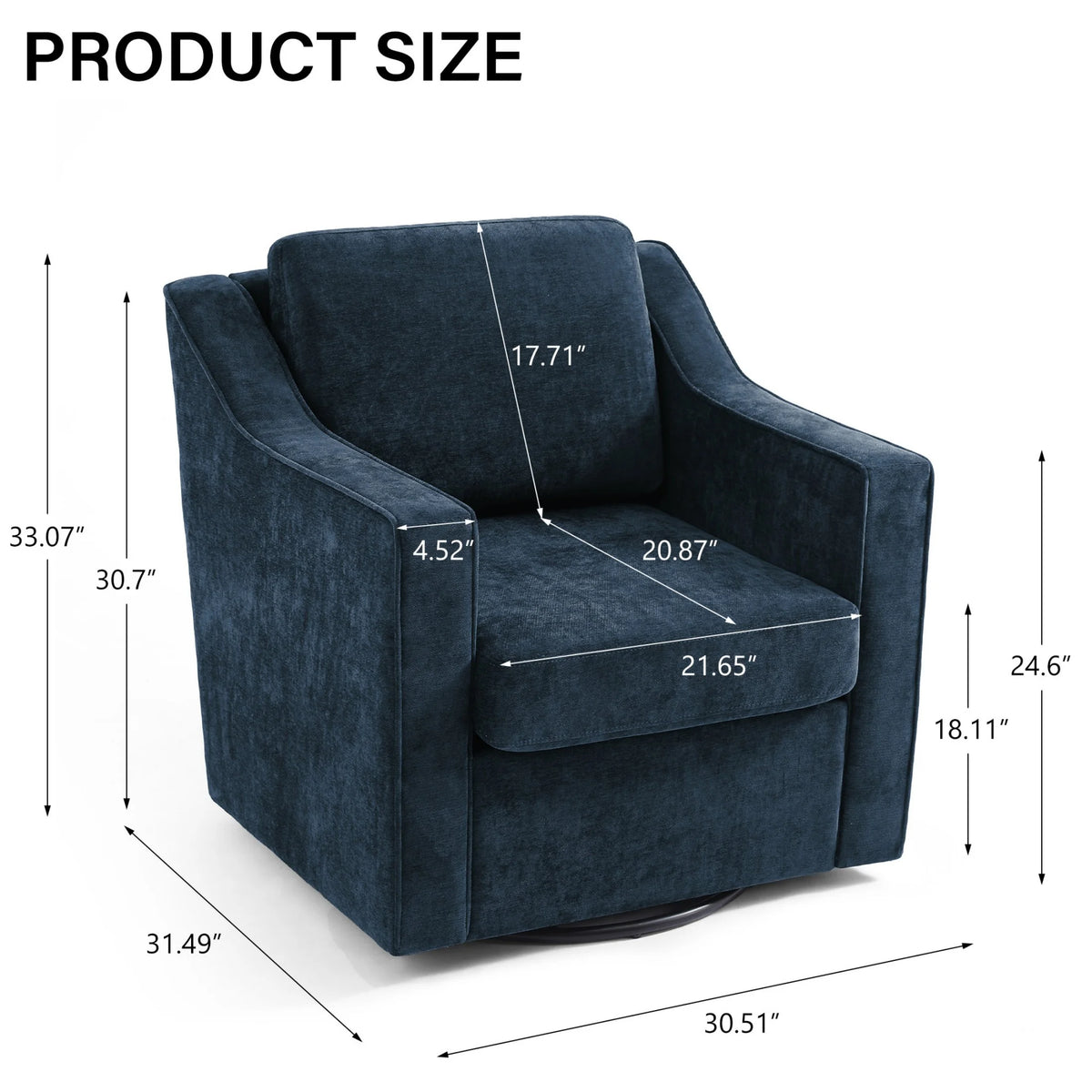 Swivel Accent Chair for Living Room, Modern Upholstered Barrel Arm Chair with Plump Back Pillow, Comfy Club Sofa Reading Chair for Adults (Chenille Navy, Set of 1)