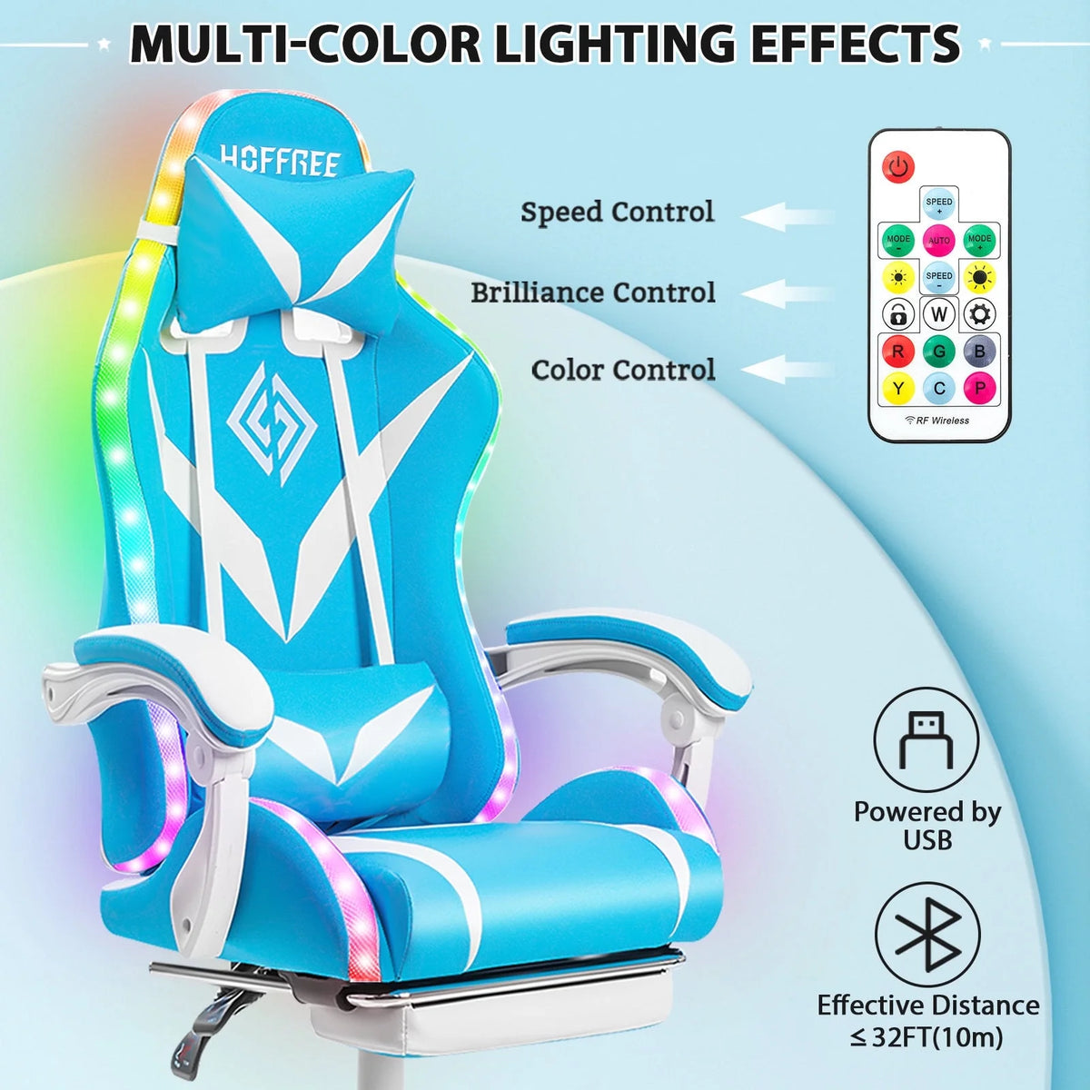 Hoffree Gaming Chair with Speakers PU Leather Office Chair with Footrest and LED Lights Ergonomic Gamer Chair with Massage Lumbar Support and Headrest Adjustable Swivel for Home Office 300lb