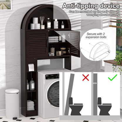 HARIPUL Over The Toilet Storage Cabinet w/ Unique Wood Grain & Arc Design, Freestanding Bathroom Shelf Organizer Space Saver w/ Doors & Anti-Tip Device, Wood Color