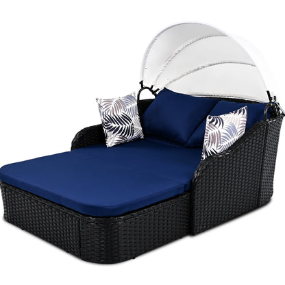 Outdoor Sun Lounger With Adjustable Canopy And Relaxing Pillow - Pe Black Blue Cushion 79.9" Daybed Cozy
